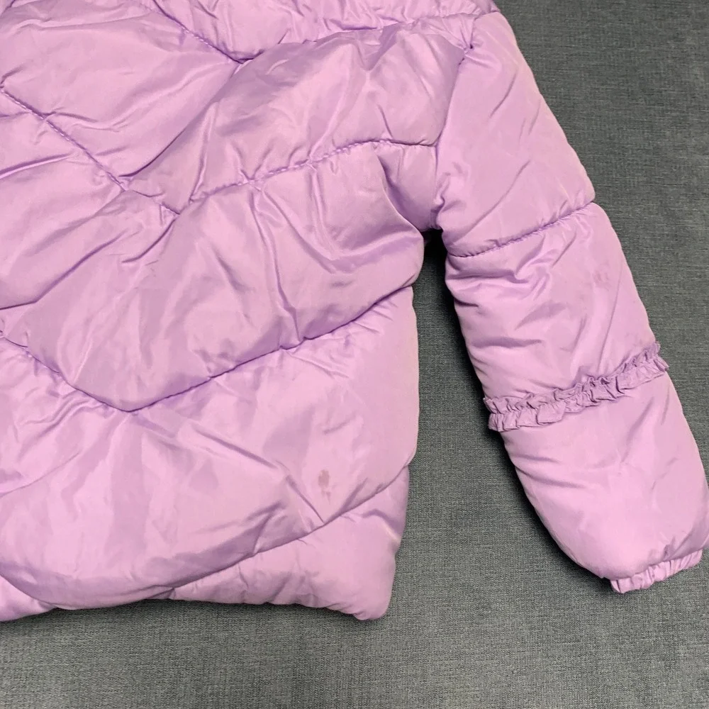 London Fog Puffer Jacket Girls S/4 Purple Faux Fur Trim Hood Fleece Lined Warm
